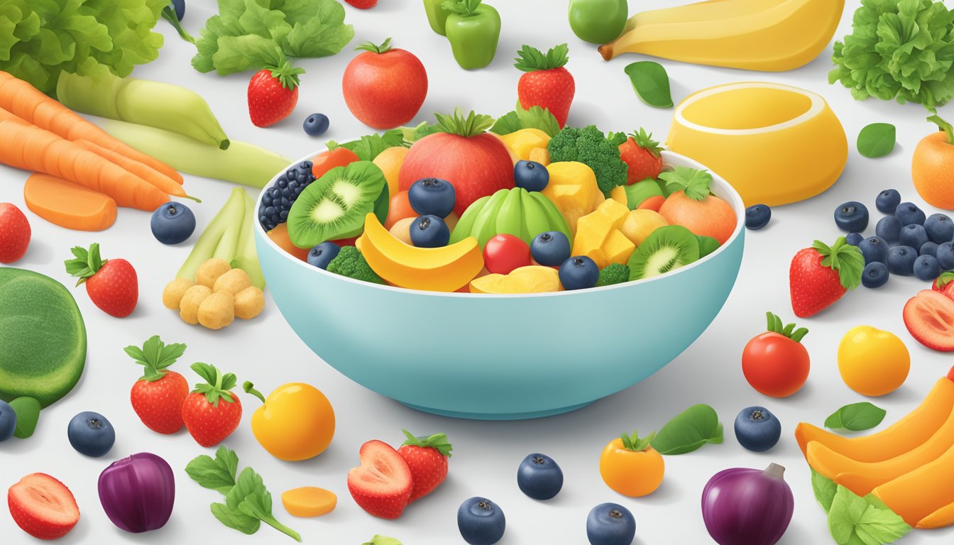 A colorful array of fresh fruits and vegetables surround a bowl of Yumi organic baby food cereal, showcasing the nutritional benefits of innovative baby feeding options