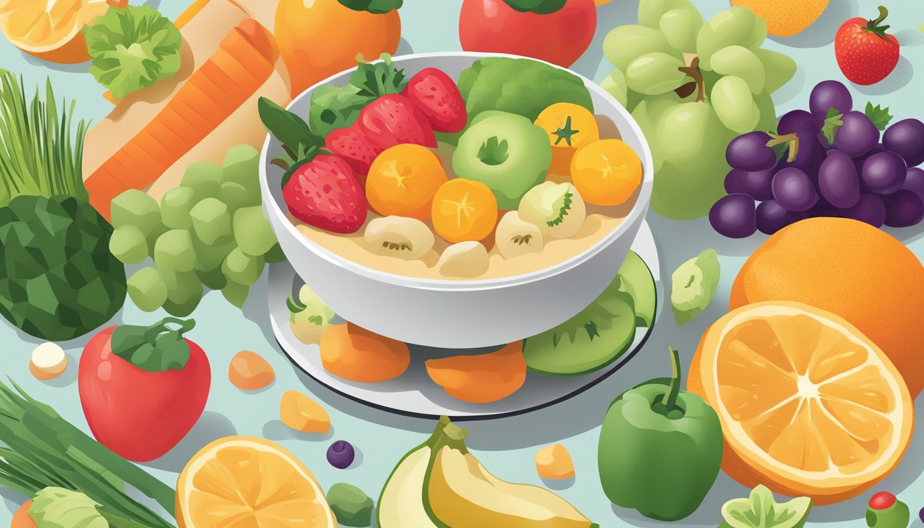 A colorful array of fresh fruits and vegetables surround a bowl of Yumi organic baby food cereal, emphasizing its nutritional benefits for parents