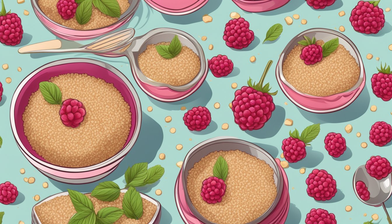 A small bowl filled with quinoa raspberry pudding, surrounded by a few scattered raspberries and a decorative spoon