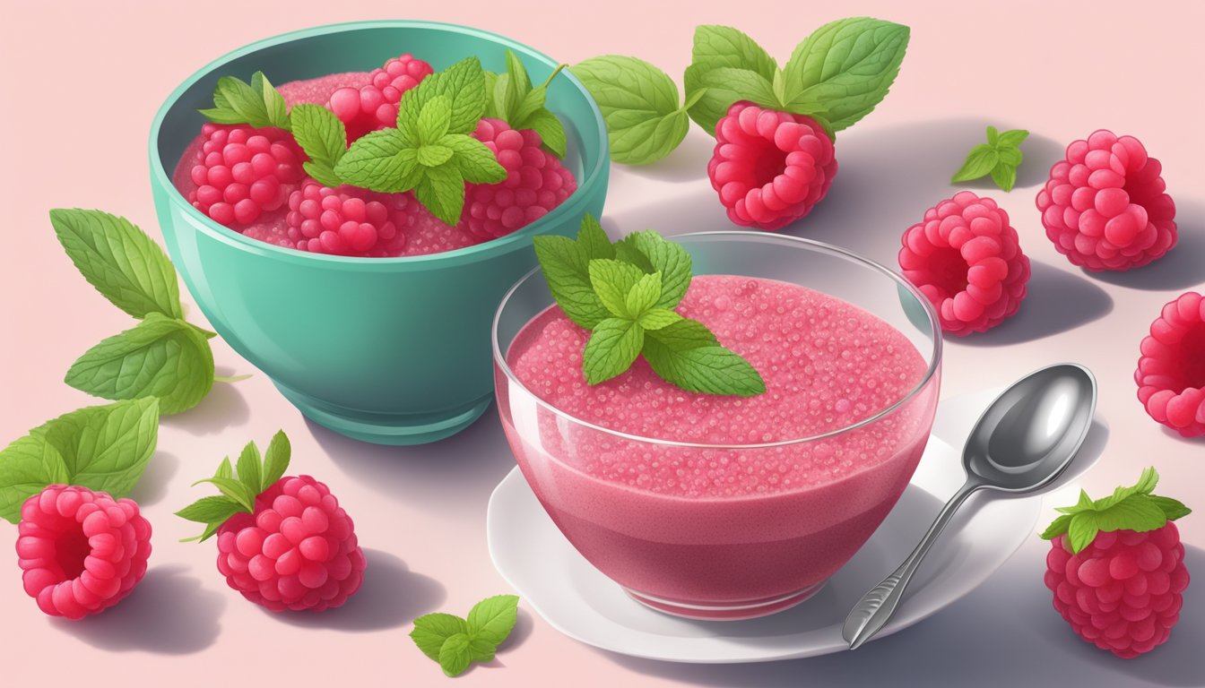 A bowl of quinoa raspberry pudding with a little spoon on the side, surrounded by fresh raspberries and a sprig of mint