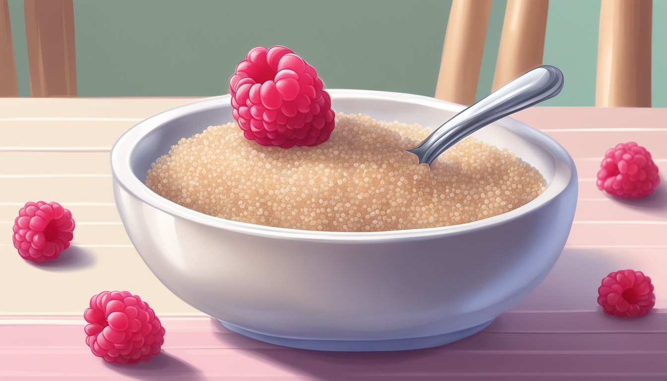 A baby's high chair with a small bowl of quinoa raspberry pudding on a little spoon