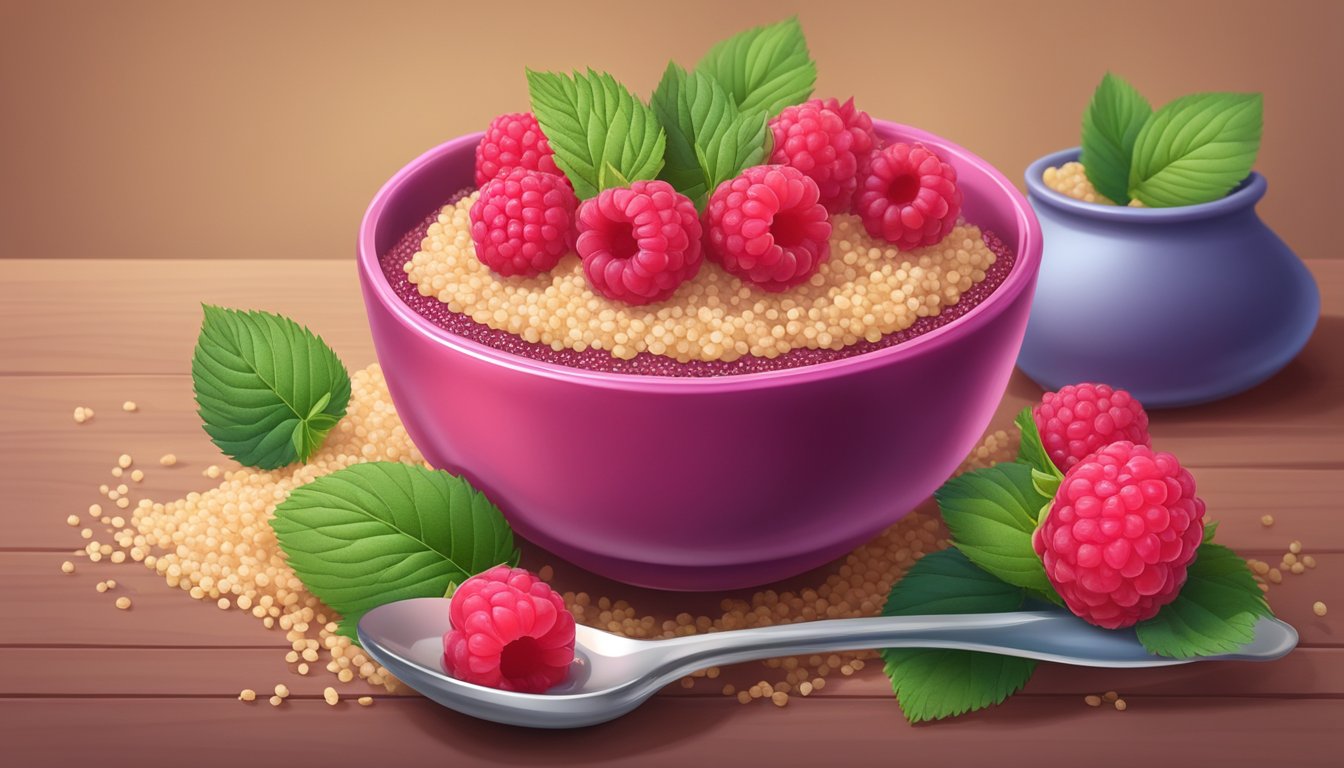 A colorful bowl of raspberry pudding topped with quinoa sits on a wooden table, surrounded by fresh raspberries and a spoon