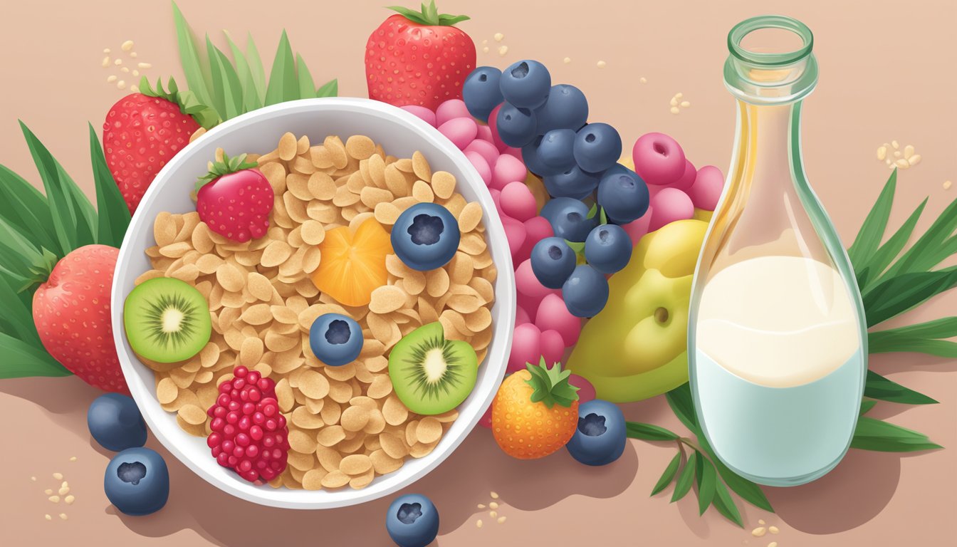 A bowl of wutsupbaby organic sprouted oat cereal surrounded by colorful fruits and a bottle of milk