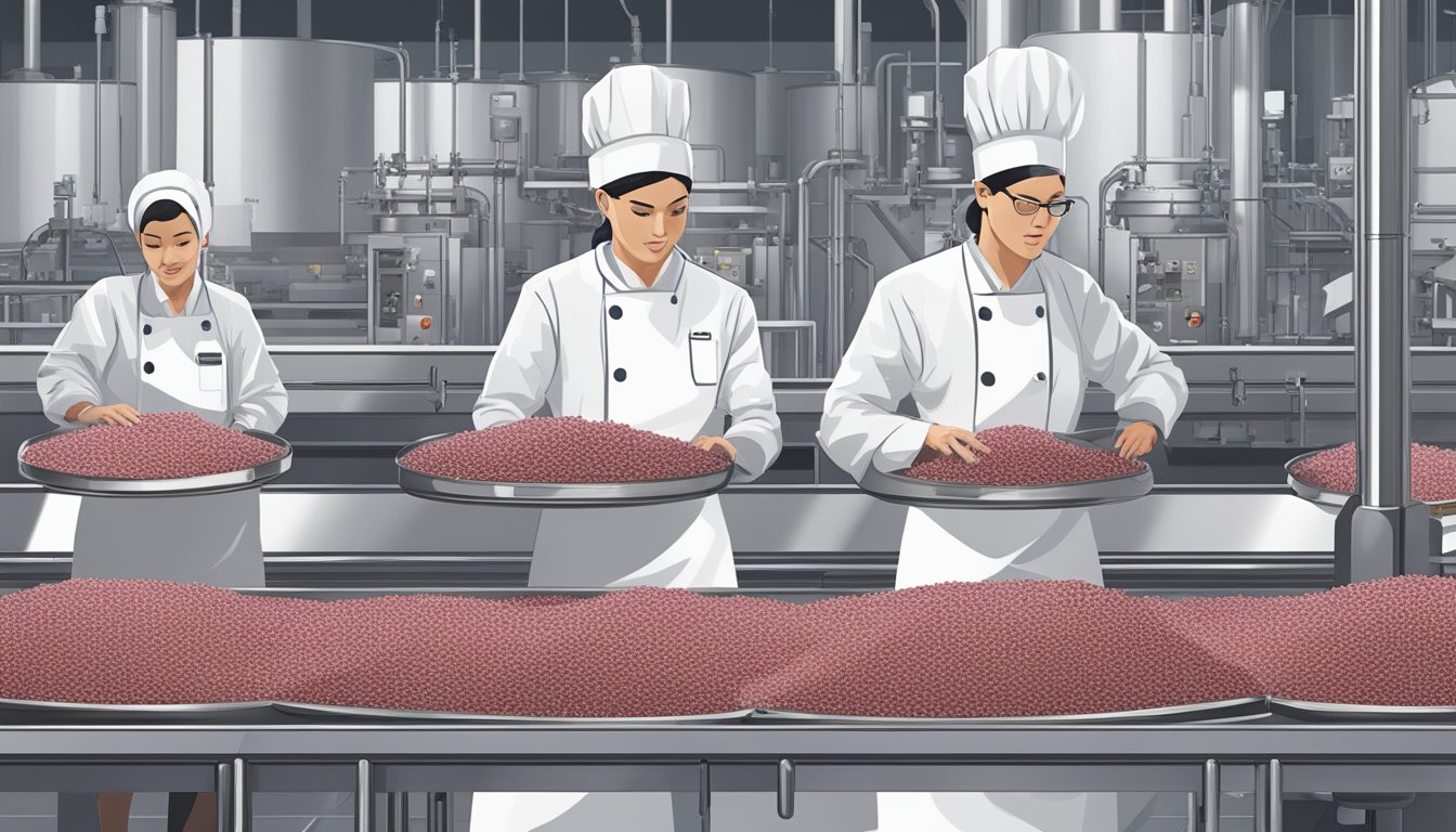 A stainless steel conveyor belt moves jars of quinoa raspberry pudding through a factory, while workers in hairnets and lab coats monitor the production line for safety standards