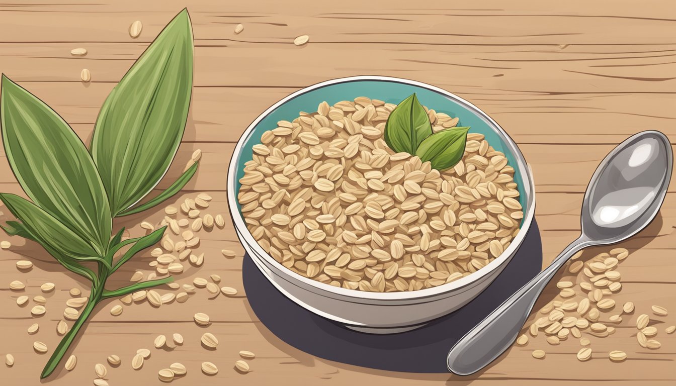 A bowl of wutsupbaby organic sprouted oat cereal with a spoon beside it on a wooden table, surrounded by scattered oats and a sprouting plant