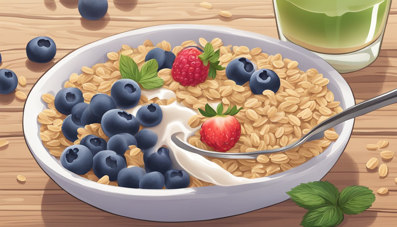 A bowl of wutsupbaby organic sprouted oat cereal surrounded by fresh berries and a glass of milk on a wooden table