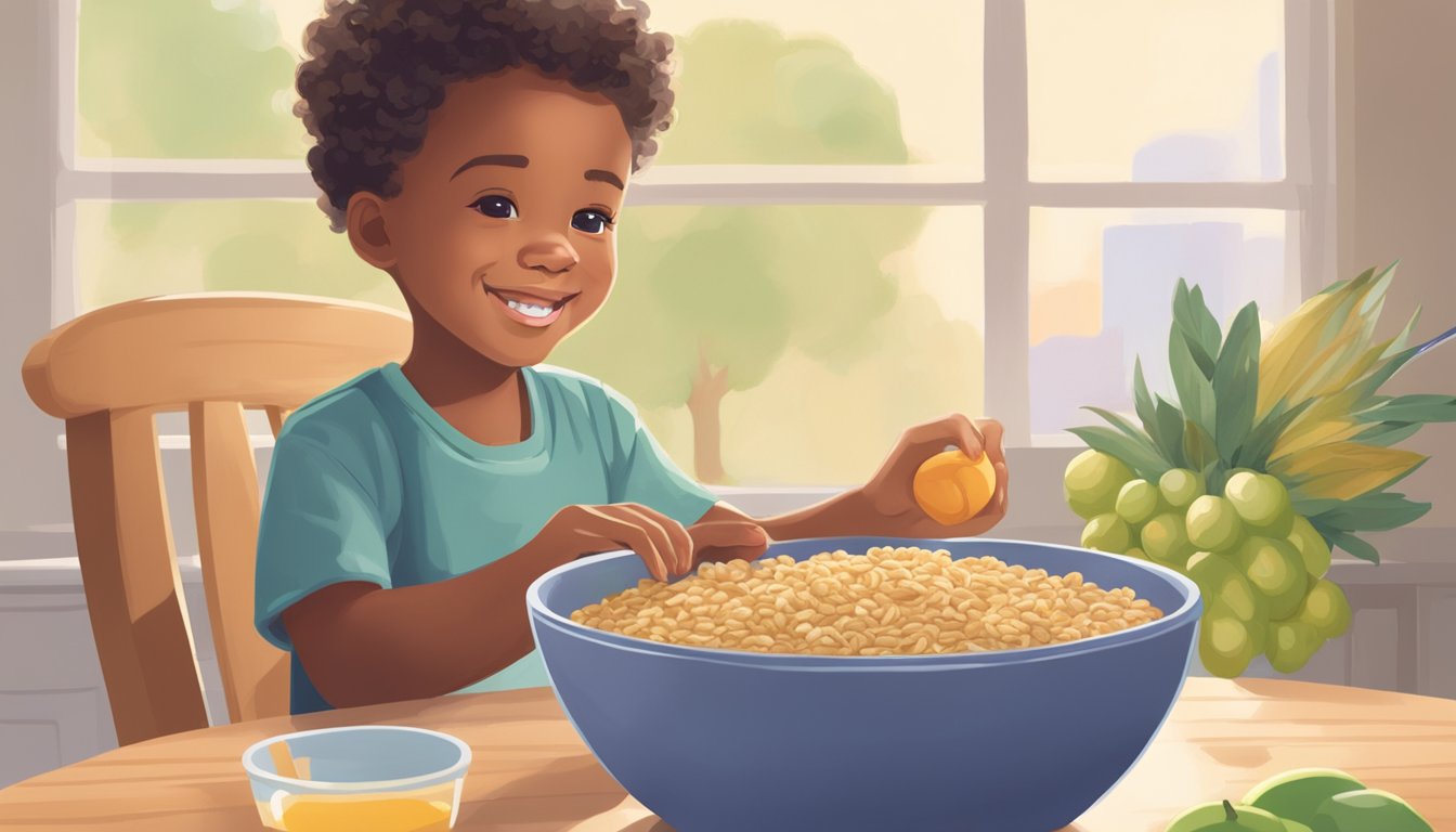 A bowl of organic sprouted oat cereal sits on a table, surrounded by fresh fruits and a spoon. A parent's hand reaches out to feed it to a smiling baby in a high chair