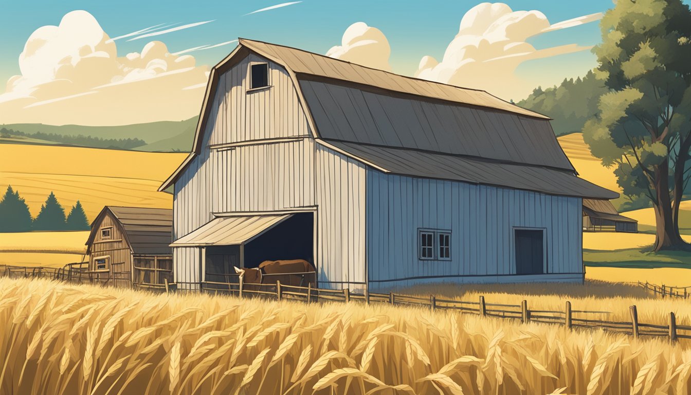 A serene farm with golden oat fields, a clear blue sky, and a small, rustic barn with the wutsupbaby organic sprouted oat cereal logo