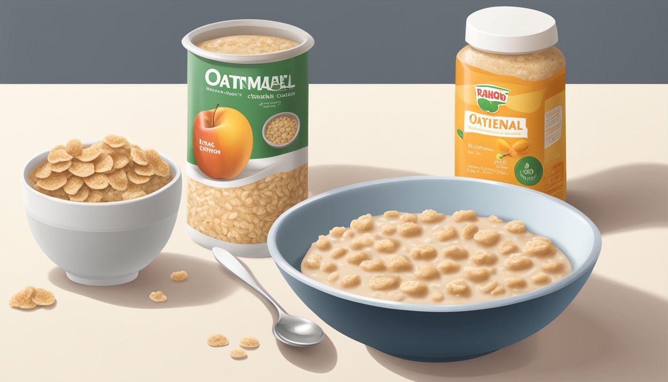 A small bowl of oatmeal topped with applesauce sits next to a box of cereal, with a little spoon resting on the edge