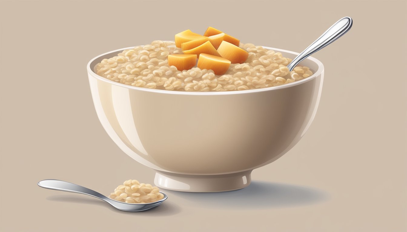 A bowl of oatmeal with applesauce and cereal, topped with a small spoon