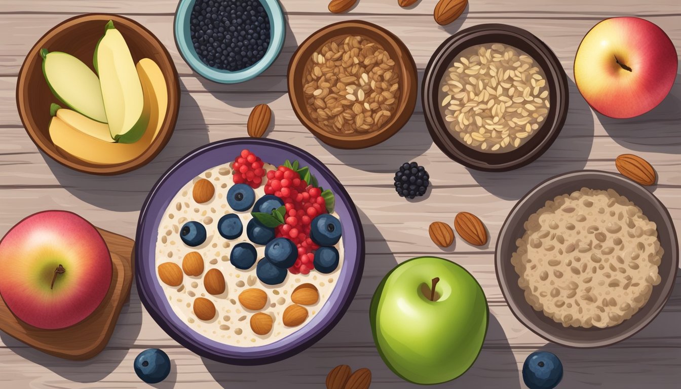 A colorful bowl of oatmeal topped with applesauce and a variety of superfoods and nutrients, such as chia seeds, berries, and nuts, sits on a wooden table