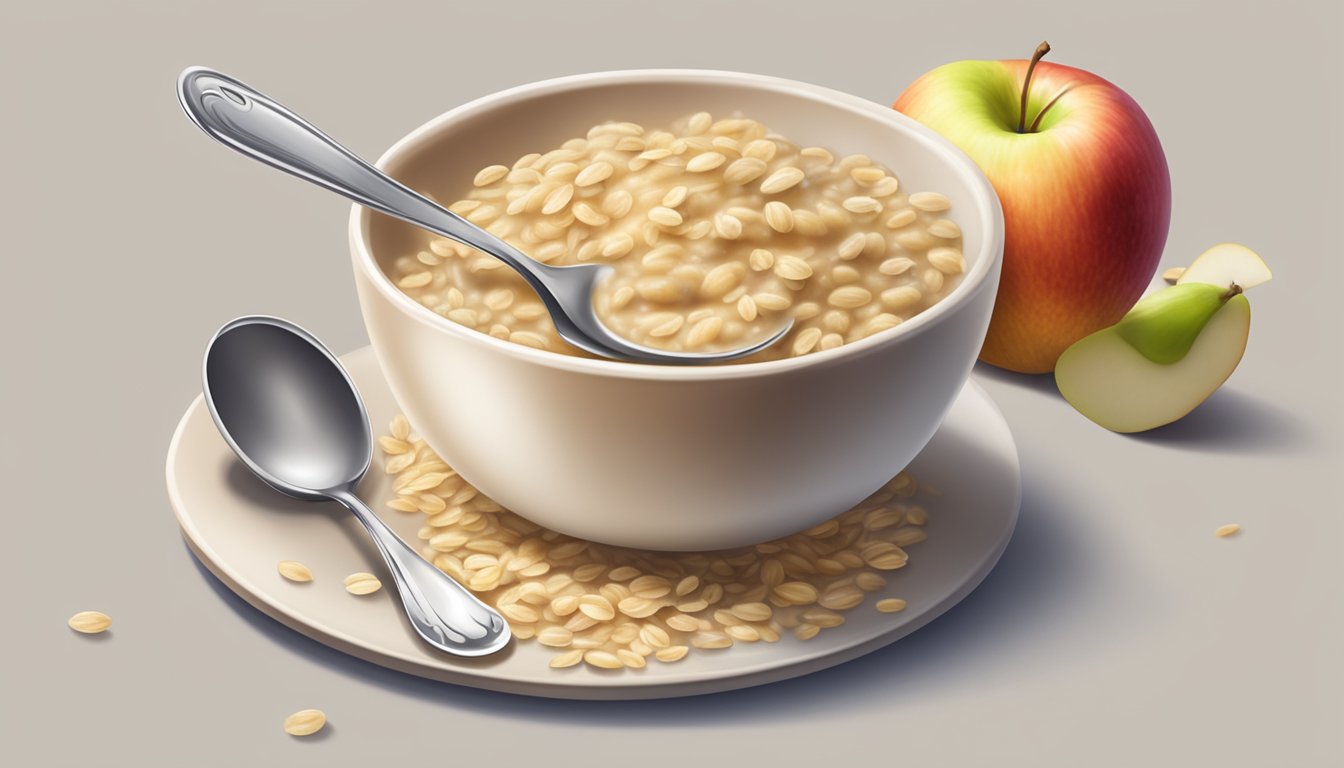 A small spoon mixing oatmeal and applesauce in a bowl