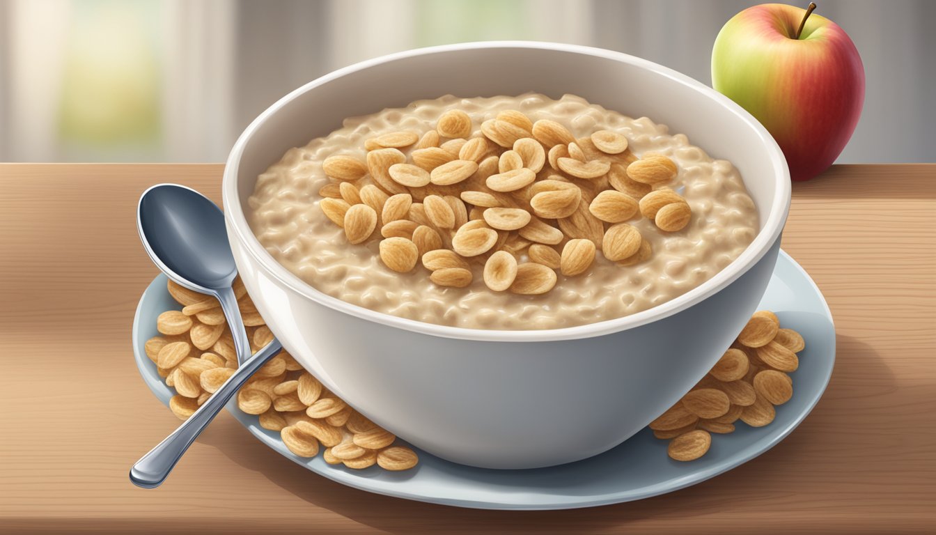 A bowl of oatmeal topped with applesauce and cereal, a spoon beside it