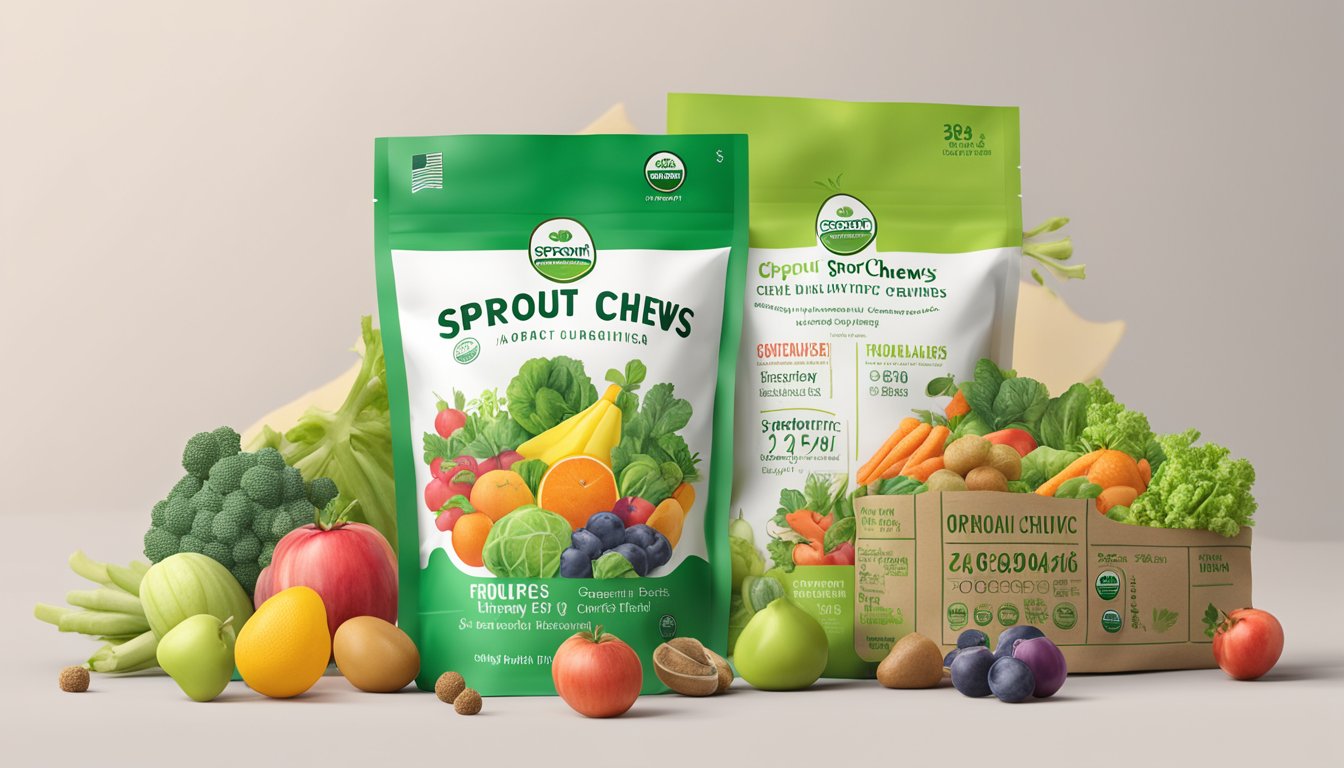 A colorful array of organic fruits and vegetables surrounding a package of Sprout Organic Crispy Chews, with a clear display of the nutritional information