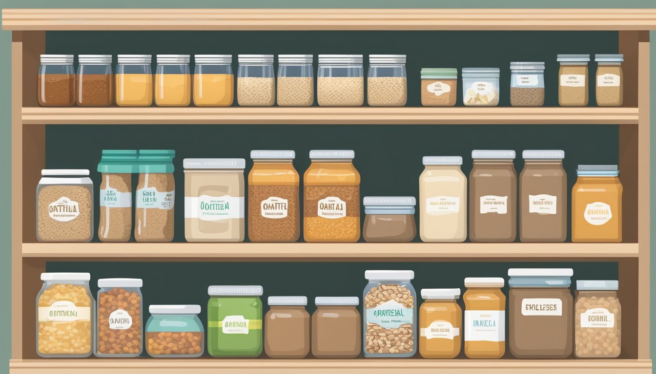 A pantry shelf with neatly organized jars of applesauce, bags of oatmeal, and boxes of cereal, with a freezer containing labeled containers of oat-based meals