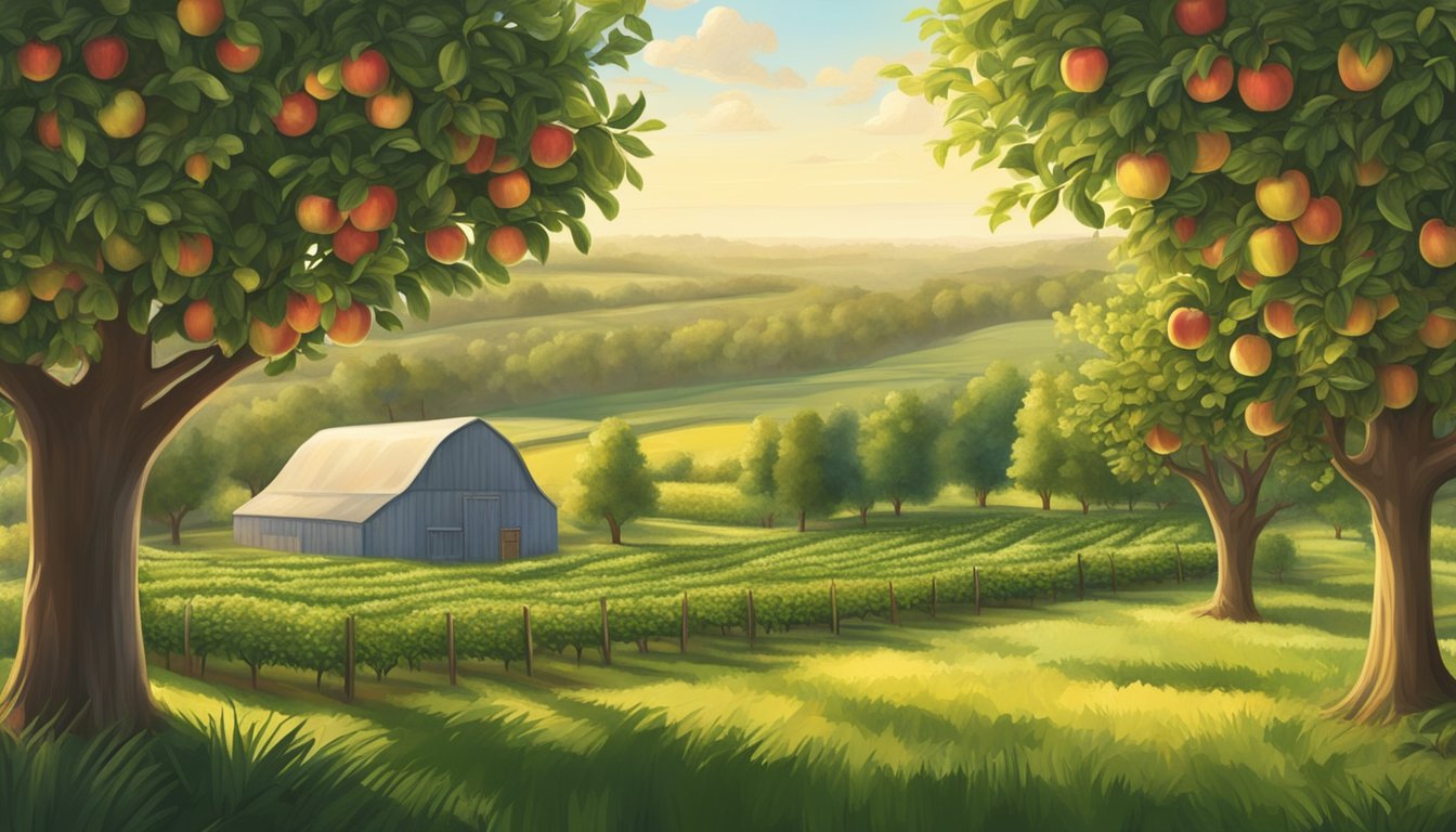 A lush, sun-dappled apple orchard with a small, sustainable oatmeal and applesauce cereal production facility nestled among the trees, surrounded by fields of oats and apple trees