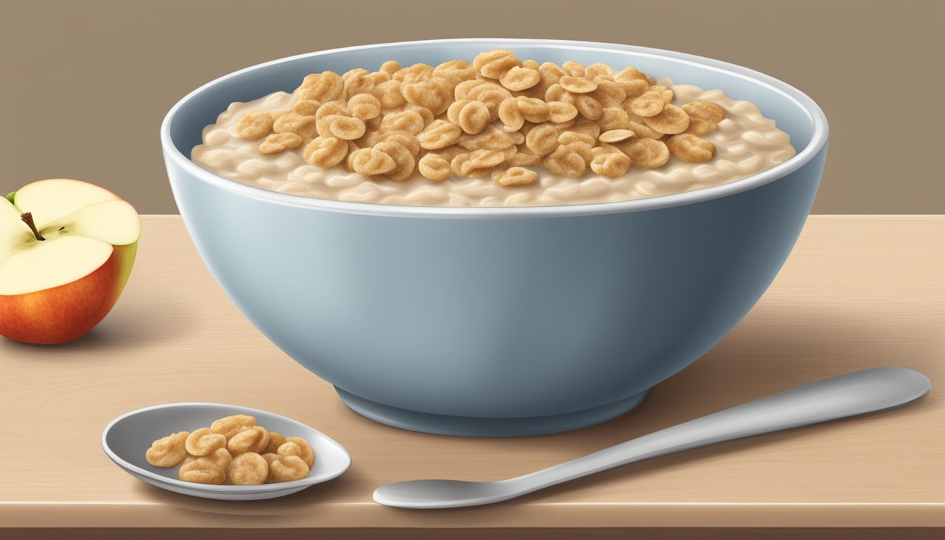 A bowl of oatmeal topped with applesauce and cereal