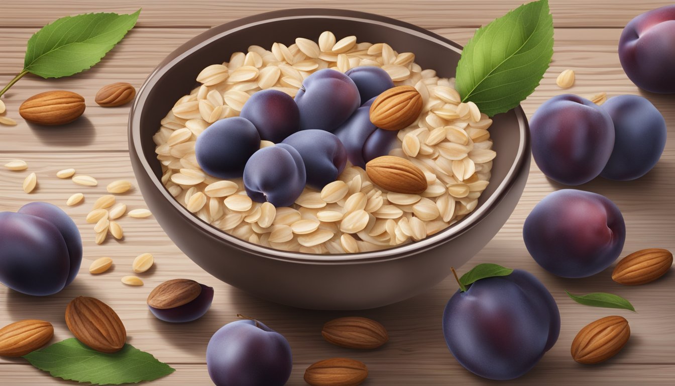 A bowl of plum organics hello morning oatmeal surrounded by fresh fruits and nuts on a rustic wooden table