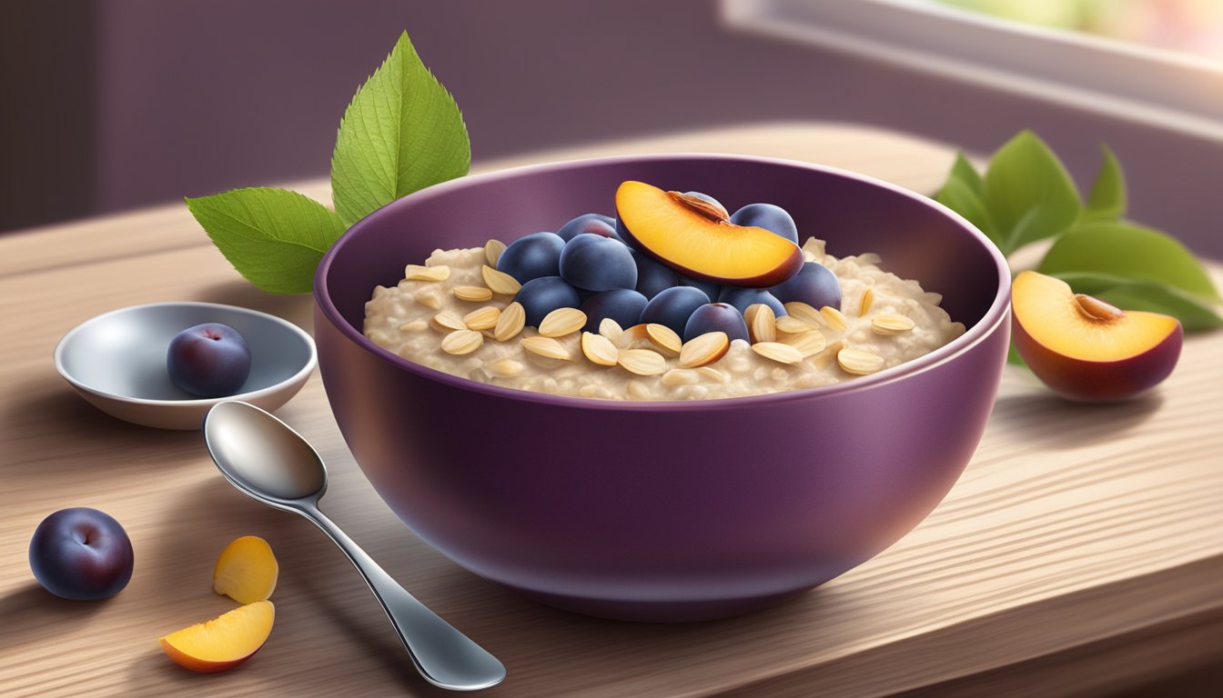 A bowl of Plum Organics Hello Morning Oatmeal surrounded by fresh fruits and a spoon on a wooden table