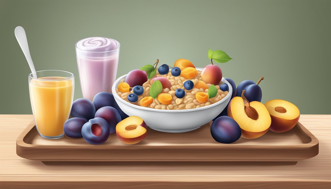 A bowl of Plum Organics baby cereal surrounded by fresh fruits and a spoon on a wooden high chair tray