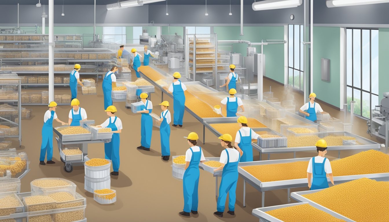 A baby cereal factory with workers inspecting and packaging products to meet safety and quality standards