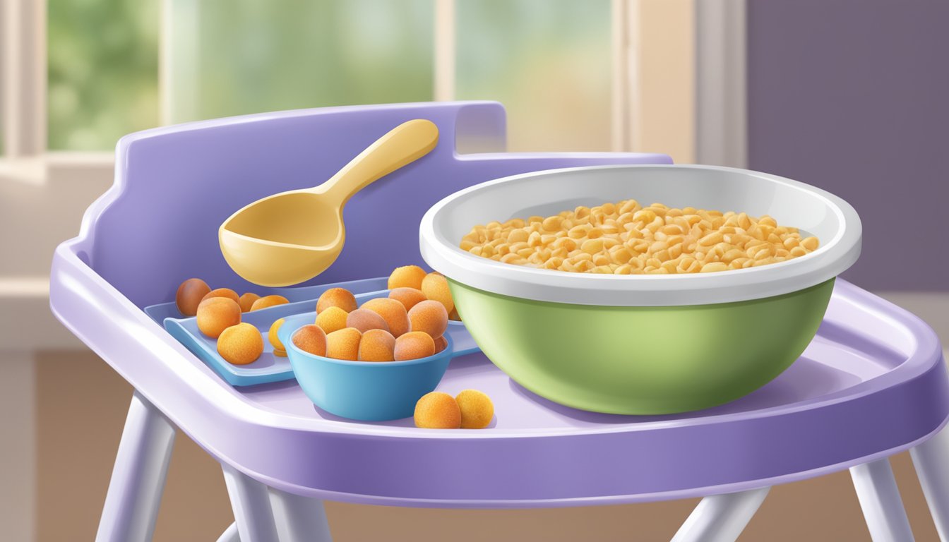 A baby high chair with a bowl of Plum Organics baby cereal and a spoon on a tray