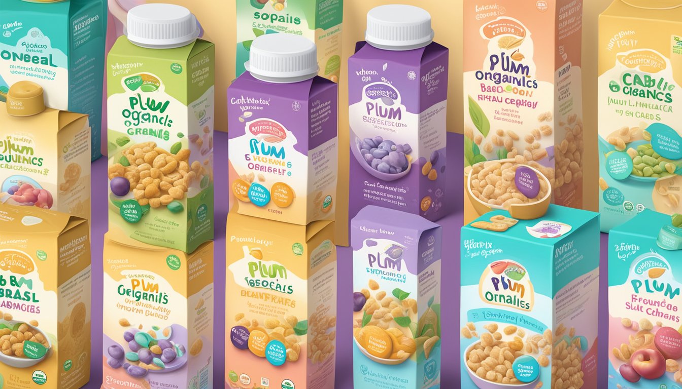 A spoonful of Plum Organics baby cereal surrounded by various other baby cereal brands in colorful packaging