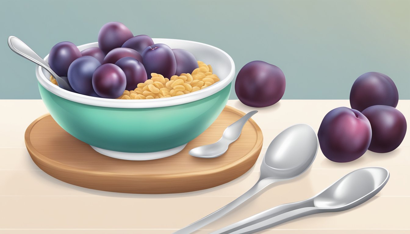 A bowl of Plum Organics baby cereal with a spoon on a high chair tray