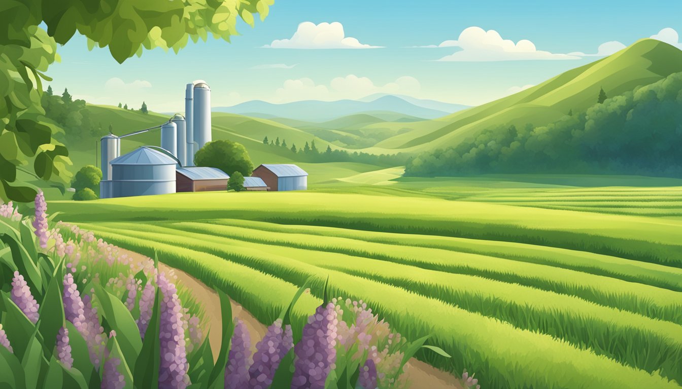 A lush green landscape with a clear blue sky, featuring a field of organic grains and a small factory producing Plum Organics baby cereal