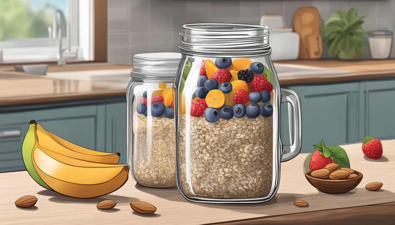 A mason jar filled with oats, chia seeds, and almond milk, topped with sliced fruit and nuts, sits on a kitchen counter