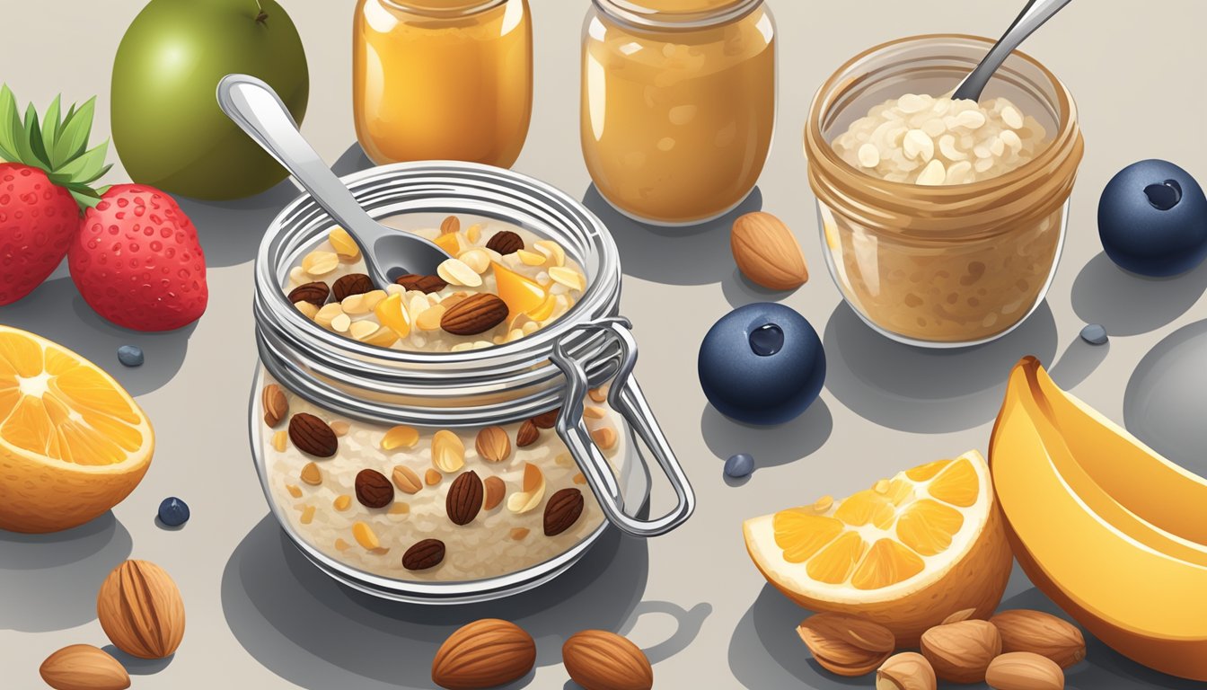 A small spoon rests on a jar of overnight oats, surrounded by various ingredients like nuts, fruits, and honey