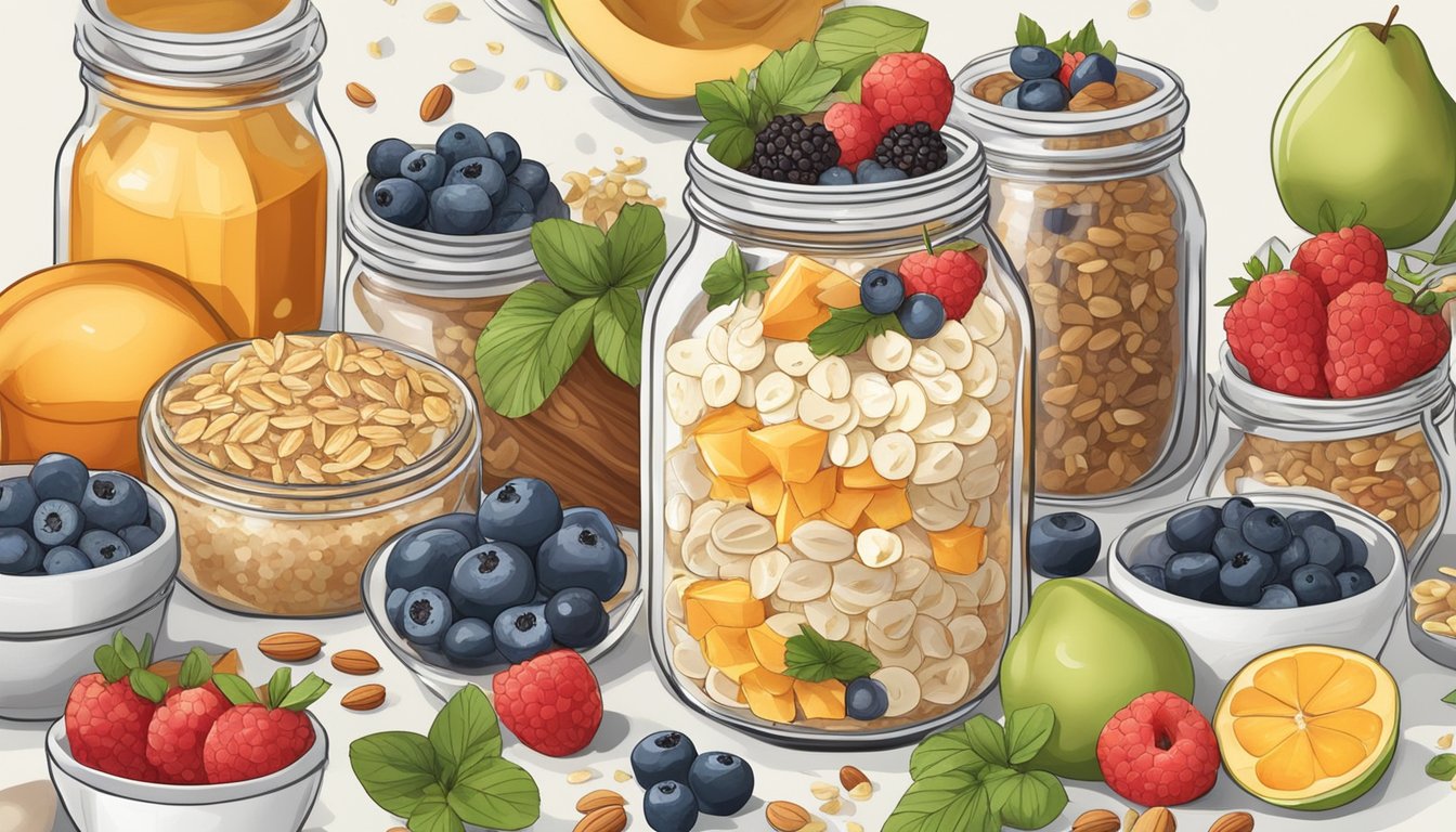 A variety of ingredients and toppings surround a jar of overnight oats, including fresh fruits, nuts, seeds, and a drizzle of honey