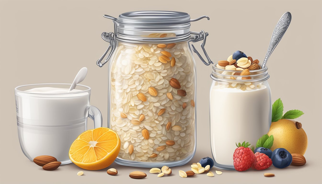 A jar of overnight oats surrounded by fresh fruits and nuts, with a measuring spoon and a bottle of milk nearby