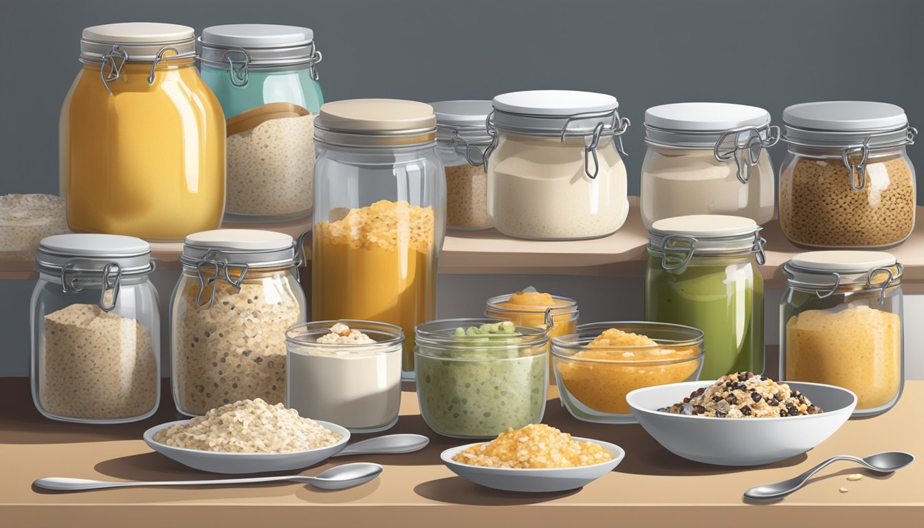 A kitchen counter with jars of overnight oats, a spoon, and various toppings neatly arranged for storage and serving