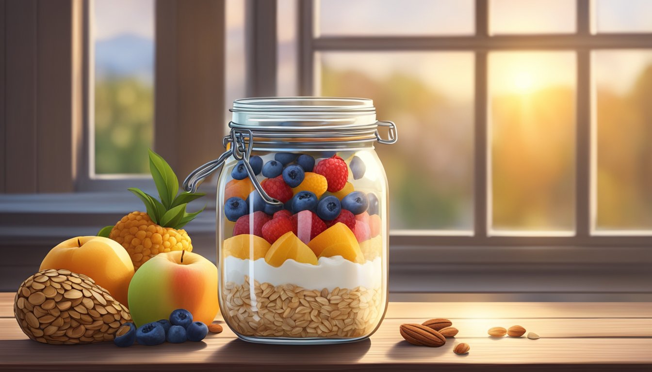 A mason jar filled with creamy oats, topped with fresh fruit and nuts, sitting on a rustic wooden table. Sunrise streaming through a window