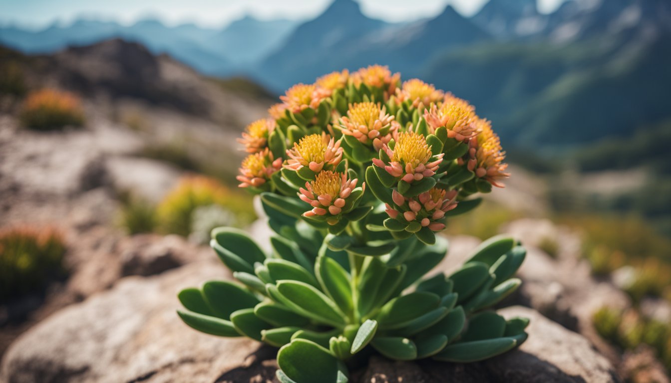 Rhodiola Rosea thrives in a rugged mountain landscape, symbolizing its natural stress-reducing properties