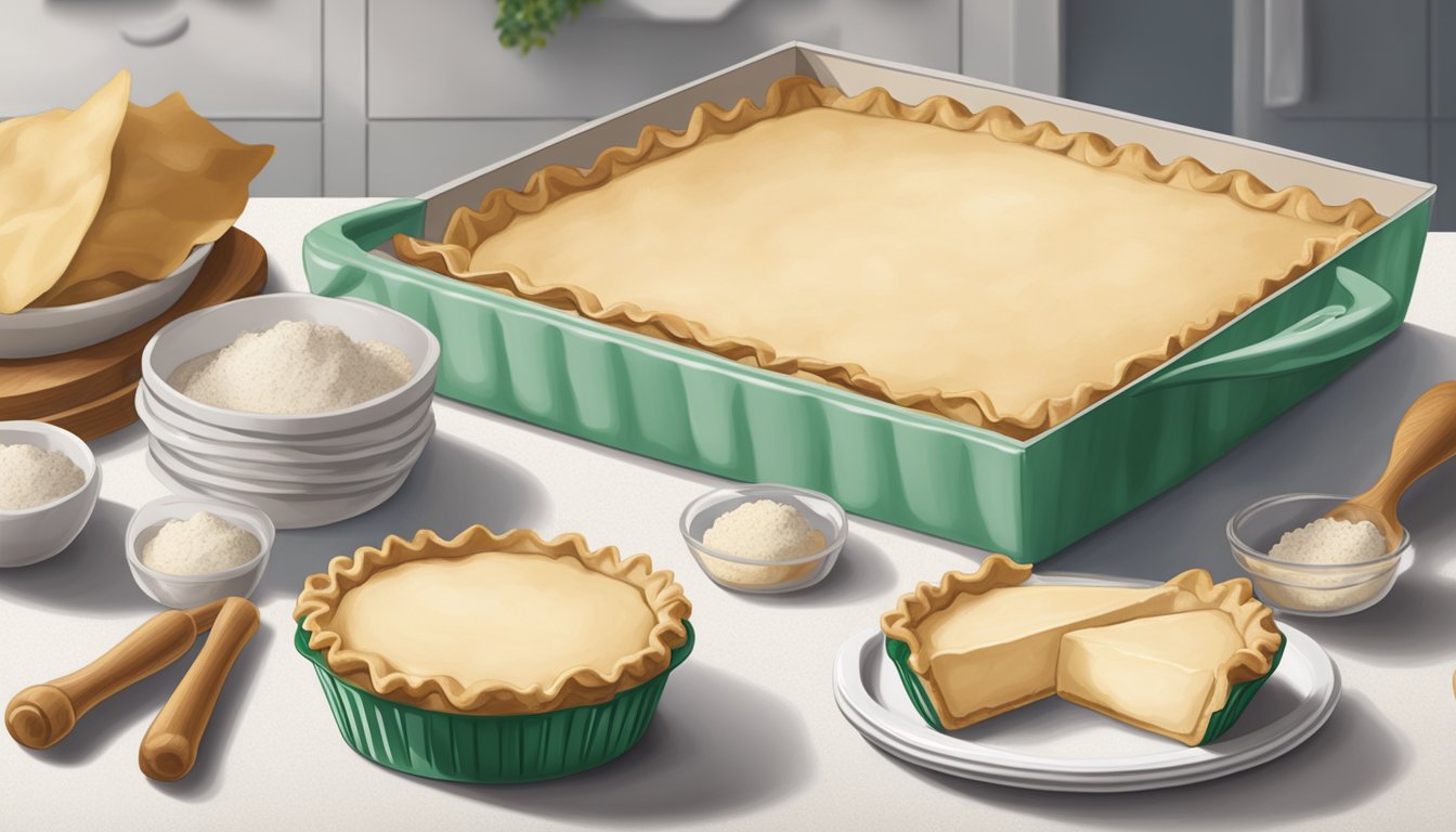 An open box of Marie Callender's pie shells on a clean countertop, surrounded by a rolling pin, flour, and a pie dish