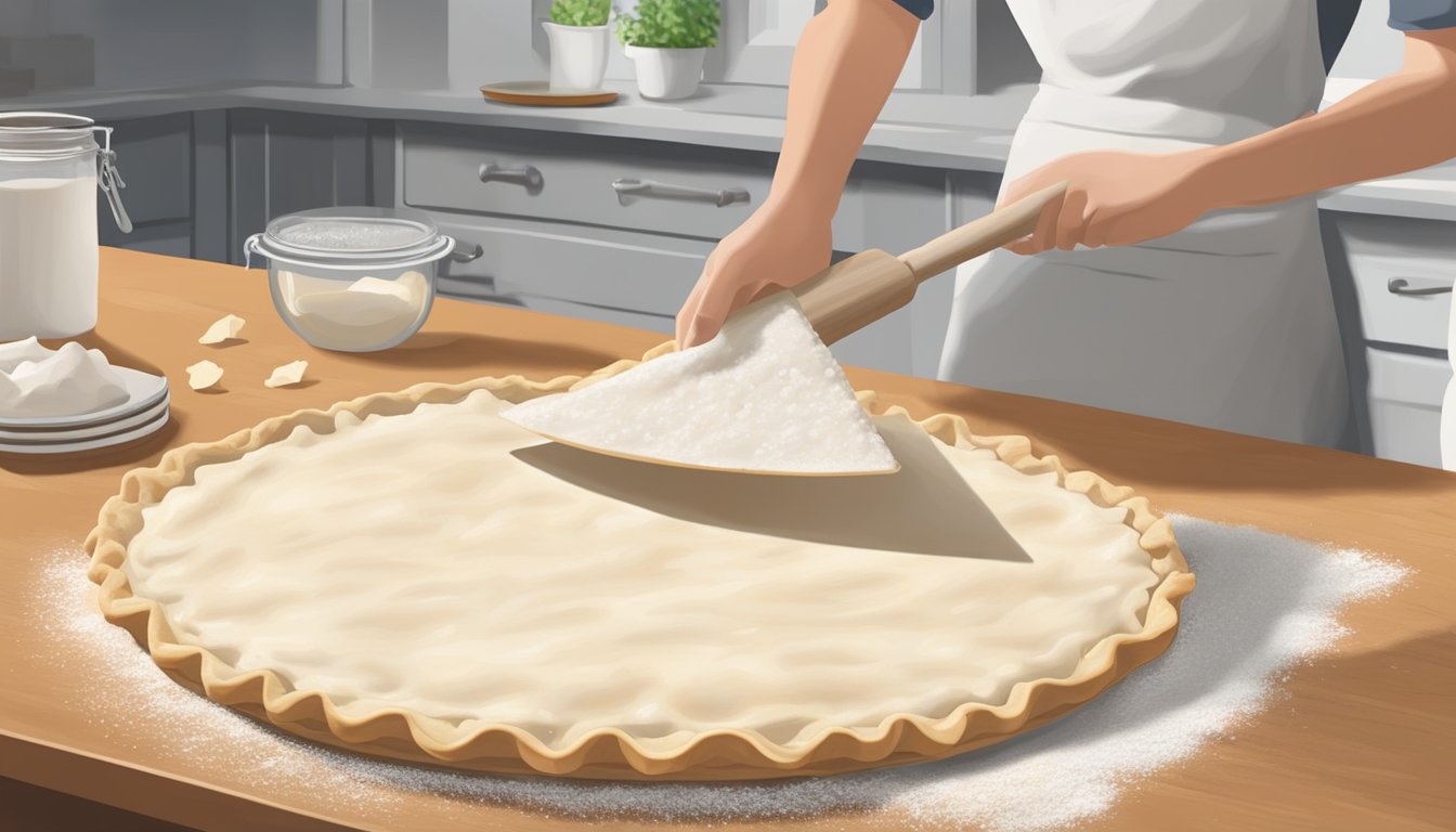 A rolling pin flattening out a pie crust in a floured kitchen counter, with a pre-made pie shell nearby