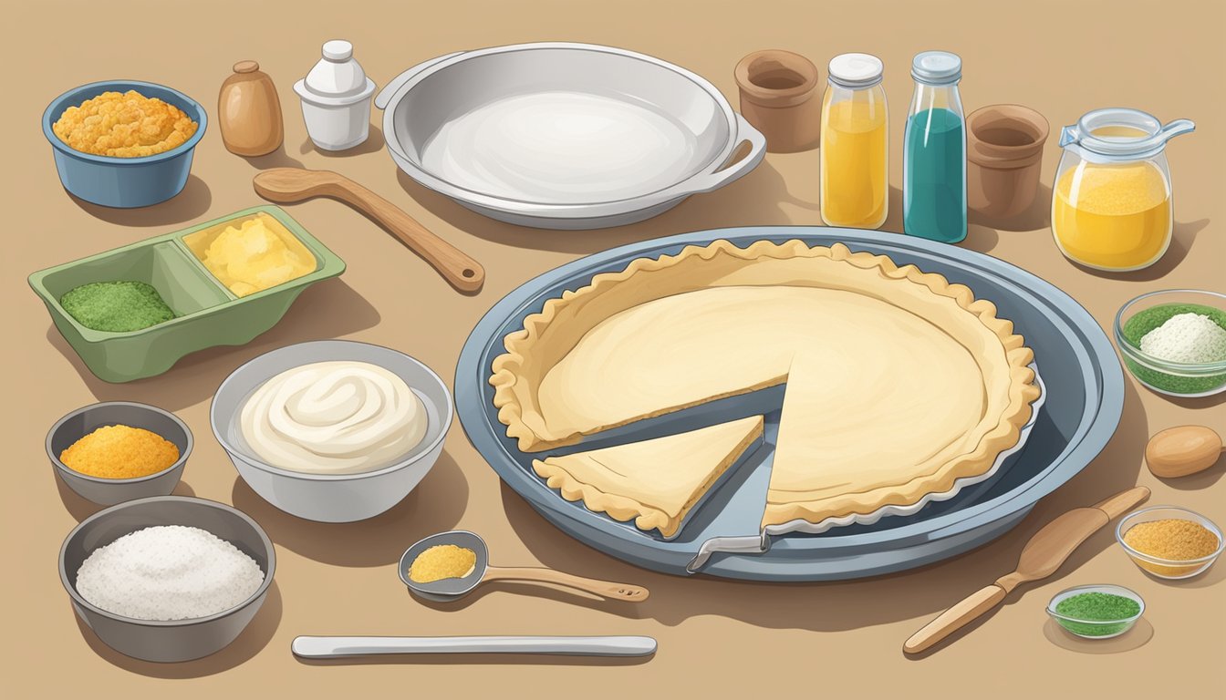 A kitchen counter with a rolled-out pie dough, a pie dish, and various ingredients for filling and baking