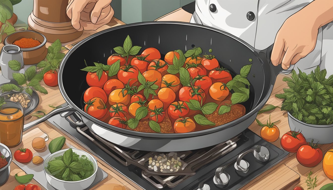 A chef's hand pouring Hunt's tomatoes into a sizzling pan, surrounded by various herbs and spices on a kitchen counter