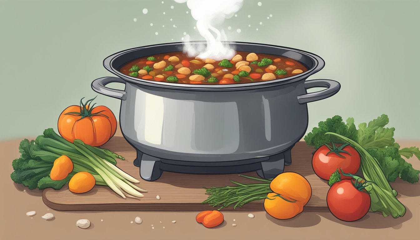 A bubbling pot of stew filled with hearty vegetables and chunks of tomatoes, steam rising from the rich, savory broth