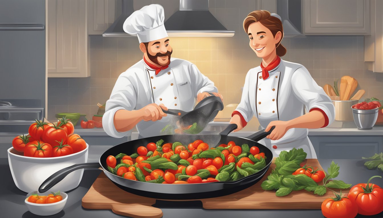 A chef adds Hunt's tomatoes to sizzling vegetables in a skillet, enhancing the side dish with a burst of vibrant red color and rich tomato flavor