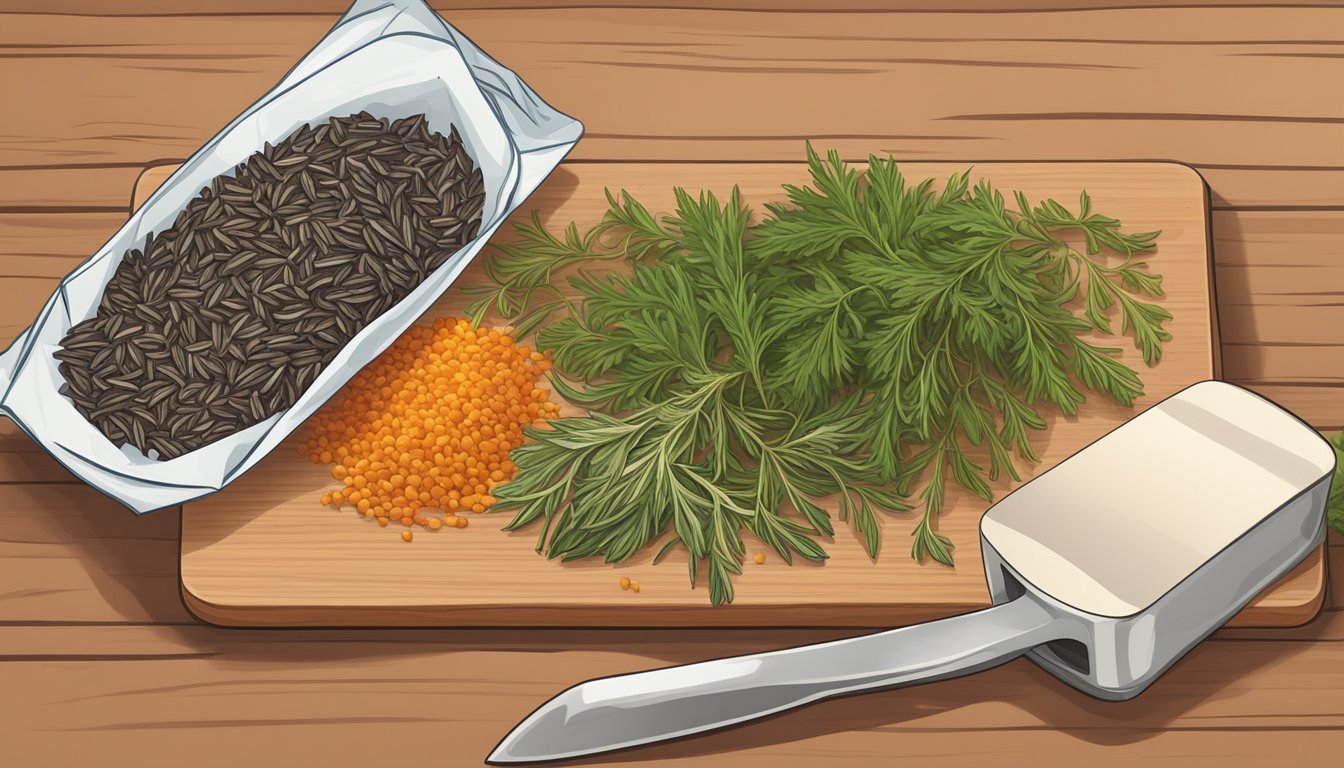 A wooden cutting board with assorted fresh herbs and spices next to a bag of Uncle Ben's wild rice