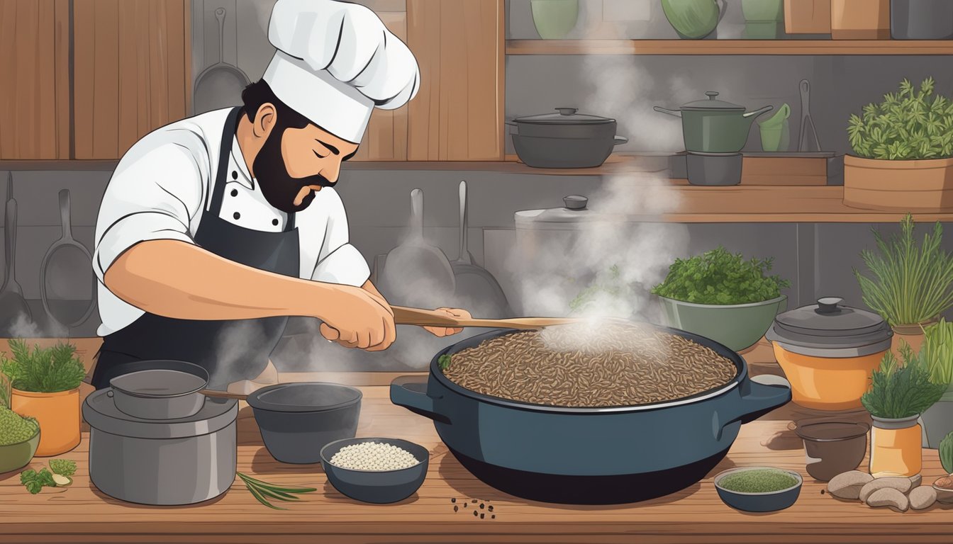 A chef stirring wild rice in a steaming pot, surrounded by assorted herbs and spices on a wooden countertop