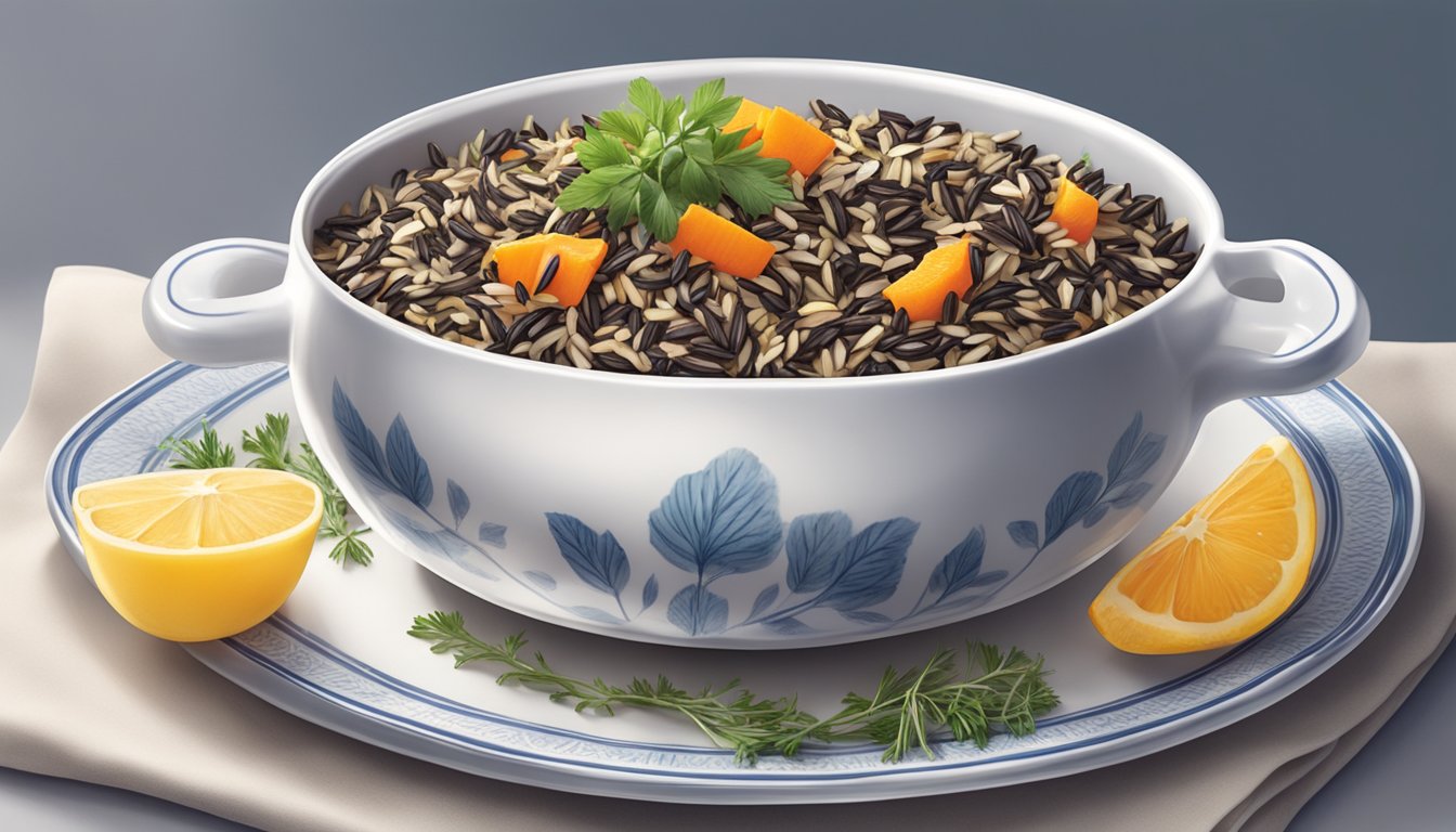 A pot of cooked Uncle Ben's wild rice being elegantly served onto a white porcelain plate with a garnish of fresh herbs