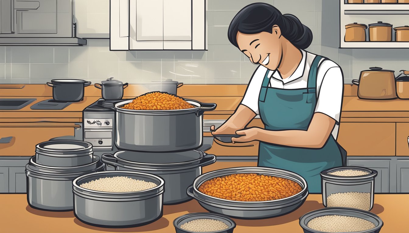 A pot of cooked Uncle Ben's wild rice being transferred into airtight containers for storage, with a separate pot of reheated rice on the stove