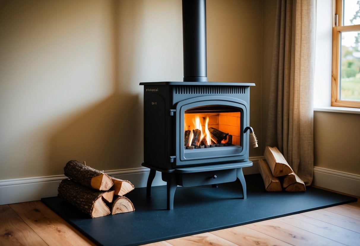 A cozy living room with a wood burning stove set on a heat-resistant surface, surrounded by firewood and a well-ventilated area for smoke to escape