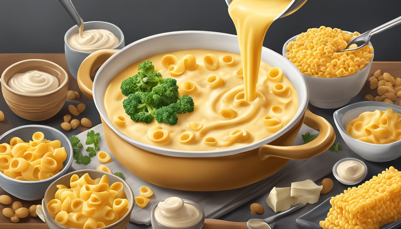 A bubbling pot of creamy Velveeta cheese sauce being poured over a steaming bowl of macaroni, with a variety of ingredients surrounding it