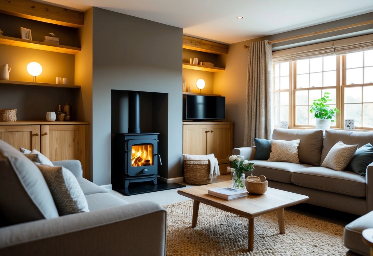 A cozy living room with a wood burning stove on an internal wall, surrounded by comfortable furniture and a warm, inviting atmosphere