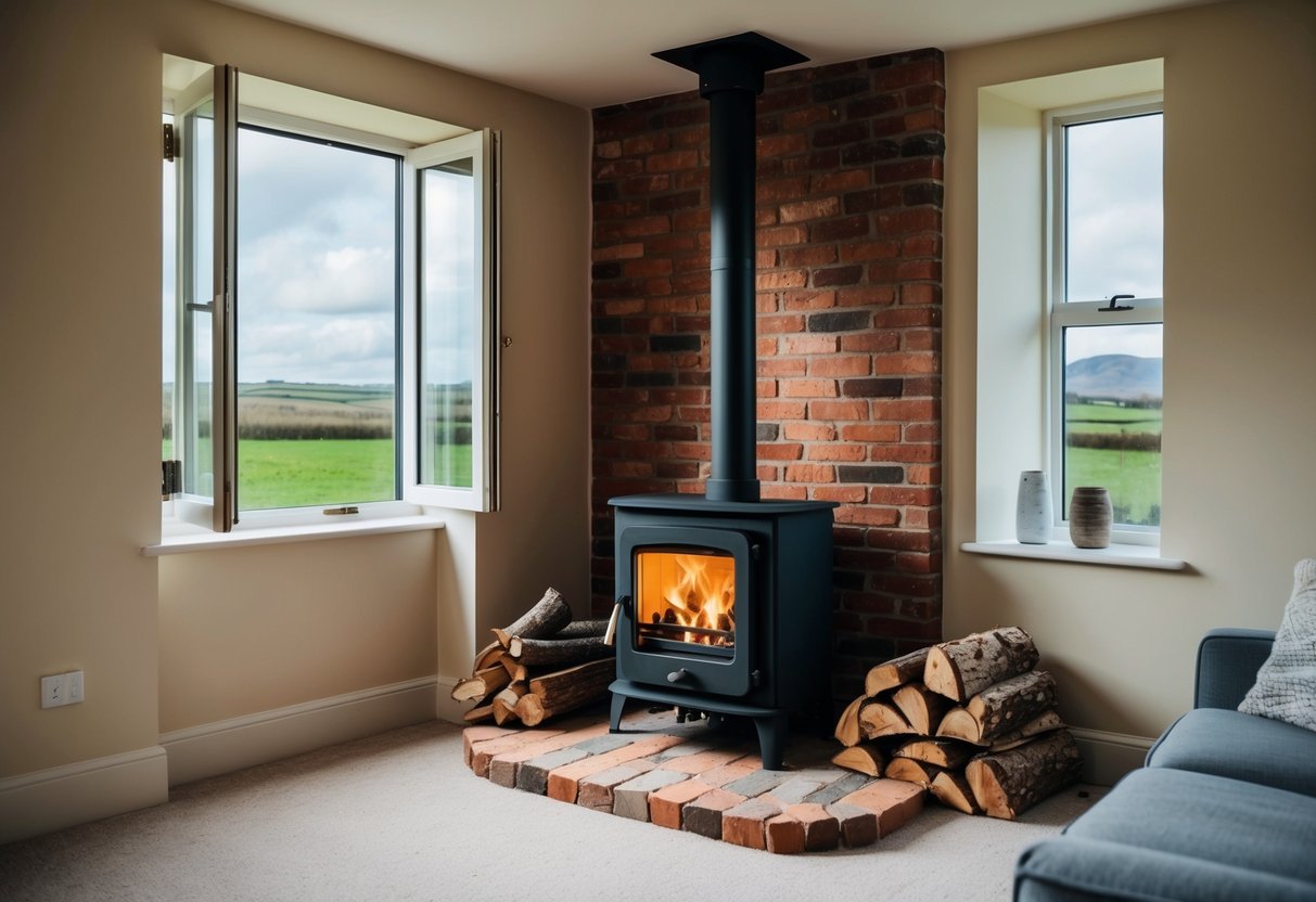 A cozy living room with a newly installed wood burning stove, surrounded by a brick hearth and a stack of firewood. An open window reveals the Irish countryside